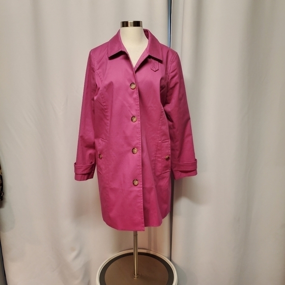 Talbots Contrast Detail All Weather Mac Fuschia Barbiecore Barbie Pink Peacoat L - Picture 2 of 10